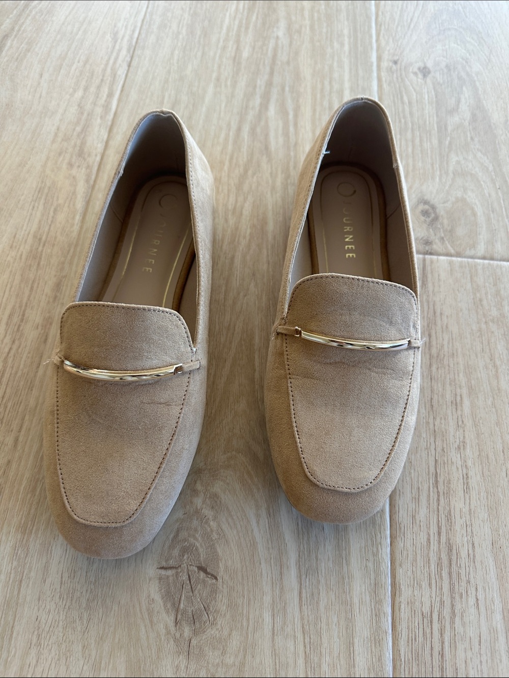 Journee Collection Taupe Suede Loafers with Gold Bar